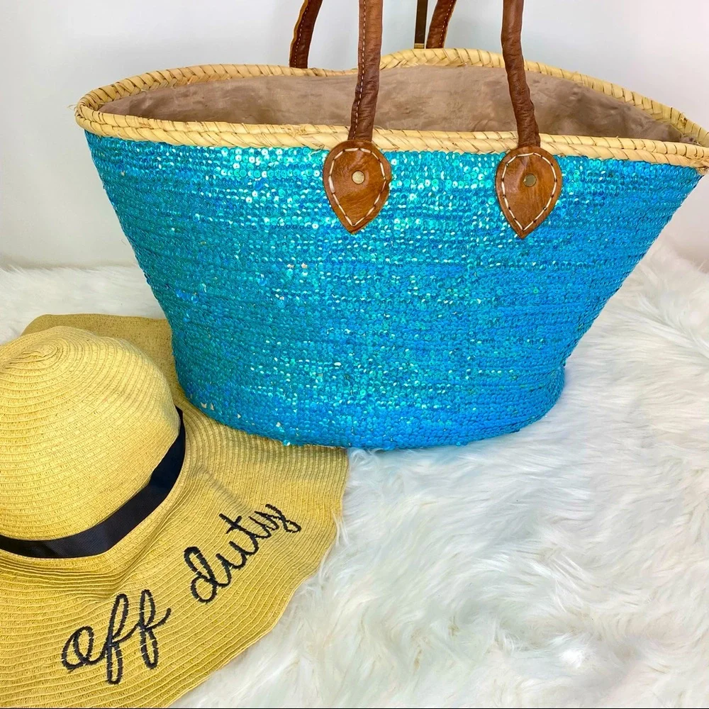 Moroccan Jute and Leather Tote with Blue Sequins